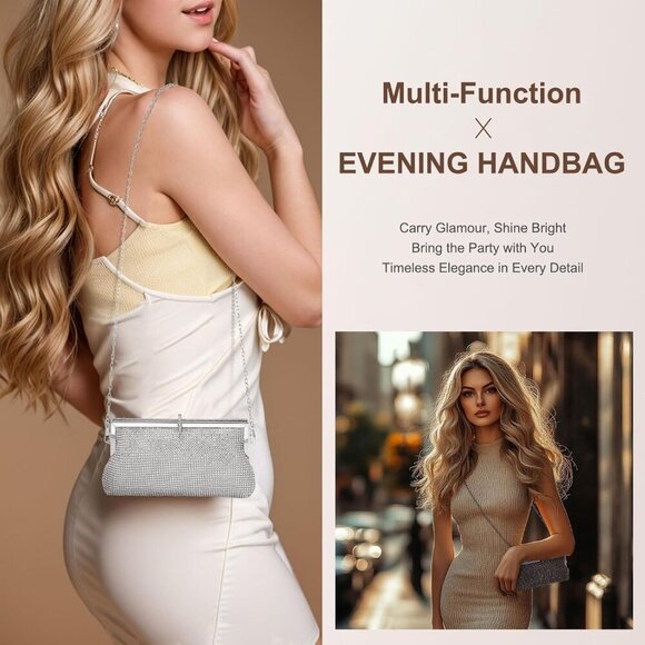 🆕Women Silver Polyester Crystal Rhinestone Evening Clutch Purse Crossbody - Picture 6 of 7